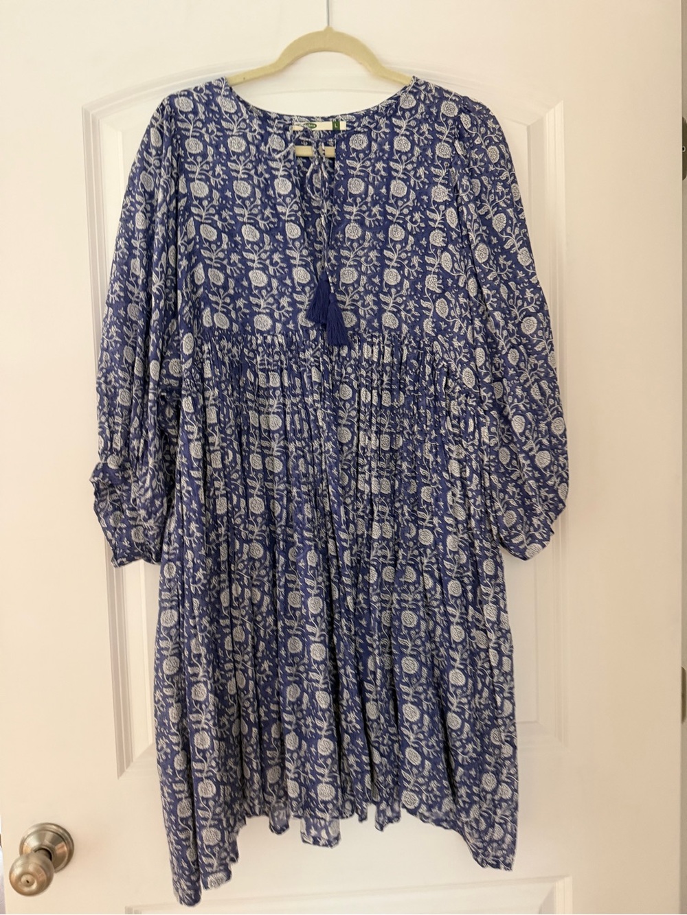 Blue Floral Long-Sleeve Tassel Tie Dress -Dolma L